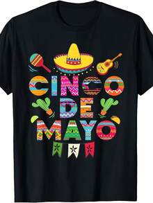 Camiseta unisex vintage carnaval mexicano estampado cactus cuello redondo lavable a máquina ideal para niños fiestas temáticas mexicanas uso diario ropa casual nacional envio - Negro - Ver 6