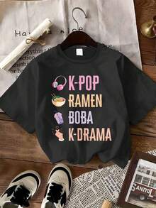 Women's K-POP Korean Wave Graphic T-Shirt - K-Pop Ramen Boba K-Drama Print, Casual Loose Fit, Crew Neck, Short Sleeve, Soft And Breathable Fabric For Spring And Summer Casual Outings, Mother's Day Gift, Pop Culture Clothing, Fun Print T-Shirt, Comfortable Fit T-Shirt, Y2k T-Shirt - 黑色 - 查看 1