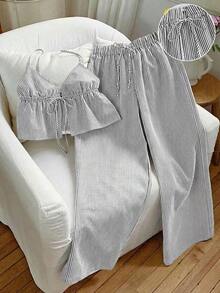 2 piezas Conjunto casual de vacaciones con rayas tejidas amarillas para mujer, /verano - Gris - Ver 6