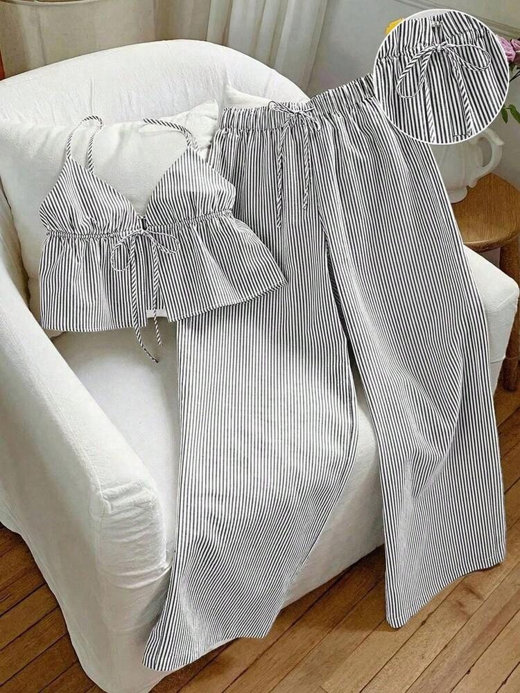 2 piezas Conjunto casual de vacaciones con rayas tejidas amarillas para mujer, /verano - Gris - Añade 6