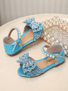 Shiny Rhinestone Pearl Bow Girls' Princess Sandals, Soft Bottom Round Toe PU Flat Sandals, Suitable For Spring, Summer, Autumn Holidays And Daily Wear - Blue - View 3