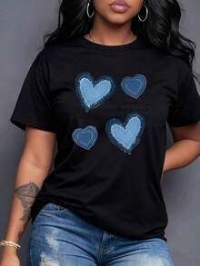 Overlapping Blue Hearts With Stitched Details Symbolize Love, Hope, And The Joy Of Living Each Moment To The Fullest. A Positive And Heartfelt Message. Women's T-Shirt, 100% Cotton. - 黑色 - 查看 7
