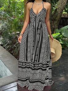 Vestido maxi con escote en V profundo, cuello halter, espalda descubierta y cintura con lazo, con lunares negros, estilo sexy y elegante europeo y americano, adecuado para primavera/verano y vacaciones en la playa - Multicolor 5 - Ver 3