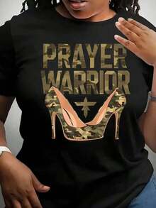 Women's Polyester T-Shirt With Prayer Warrior And High Heel Print | Casual Knit Crew Neck | Regular Length | Comfortable All-Season Top | Fashionable Ladies' T-Shirt - 黑色 - 查看 1