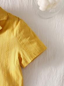 Young Girls' V-Neck Short Sleeve Shirt + Elastic Waist Loose Shorts 2 Pieces Vacation Outfit, Spring/Summer - Yellow - View 5