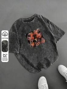 Áo thun nữ cỡ lớn tay ngắn cổ tròn, kiểu dáng thường ngày, in họa tiết búp bê batik cổ điển, màu đen đã qua xử lý. - màu đen - Xem 4