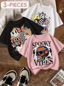 New Fashion Women's T-Shirt, Dark Style  Face Skull Print, Round Neck, Plus Size T-Shirt, Pure Cotton For Summer, Loose And Slimming, Local Delivery, Fashionable Casual Top, Casual Style, Round Neck, Slightly Elastic. - 白色 - 查看 6