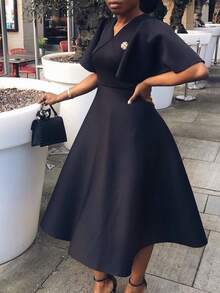 Women's Elegant European And American Style Evening Dress 2026, New Design, V-Neck, Puff Sleeves And Full Hem Skirt - 黑色 - 查看 1