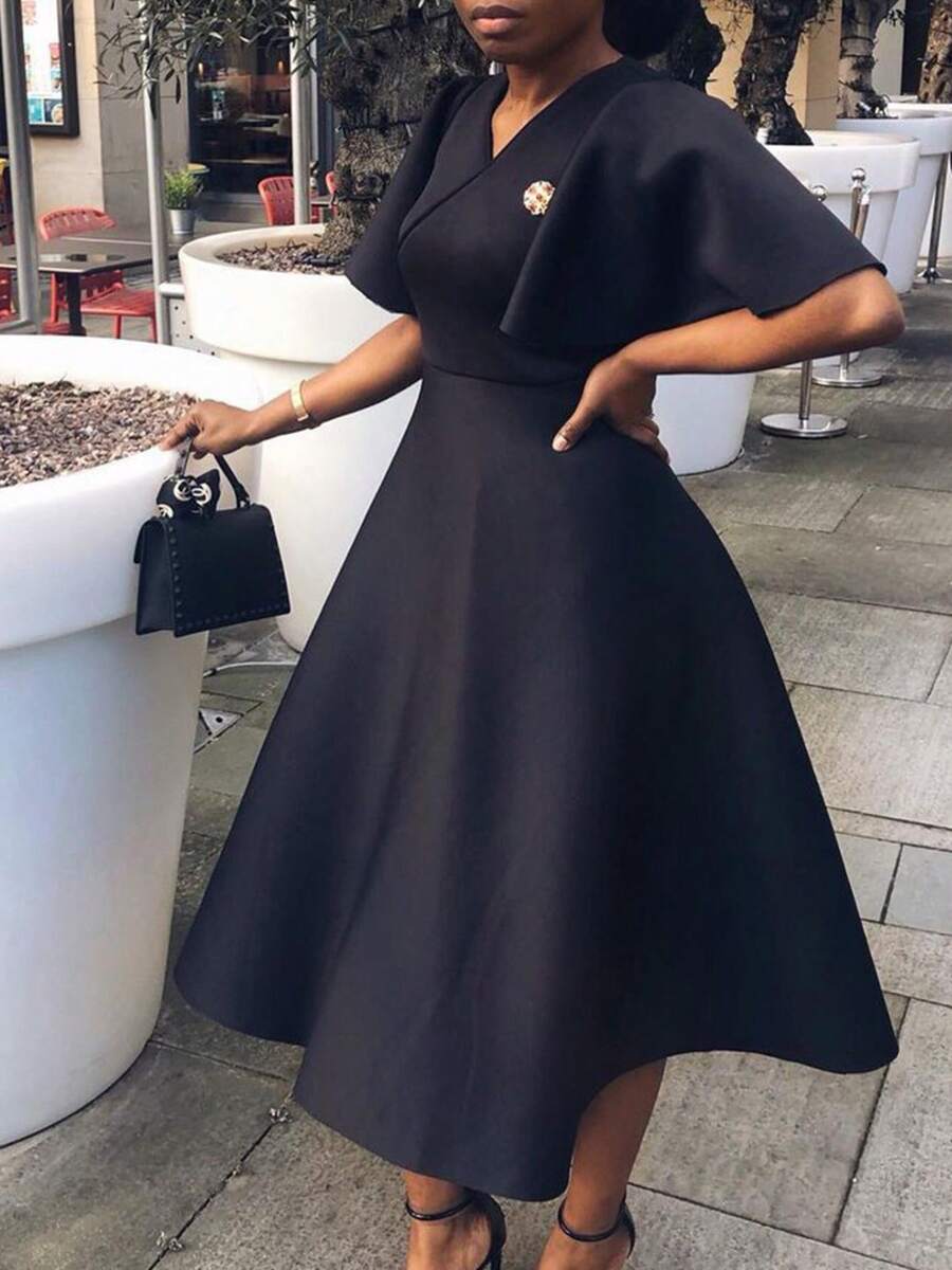 Women's Elegant European And American Style Evening Dress 2026, New Design, V-Neck, Puff Sleeves And Full Hem Skirt - 黑色 - 查看 1