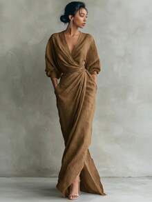 DAILY DOSE 2026 New Elegant Solid Color V Neck Long Sleeve Slit Waist Pocket Midi Dress For Women Chic European And American Style Party Casual Bodycon Maxi Dress With Side Slits, Girls' Gifts - 棕色 - 查看 9