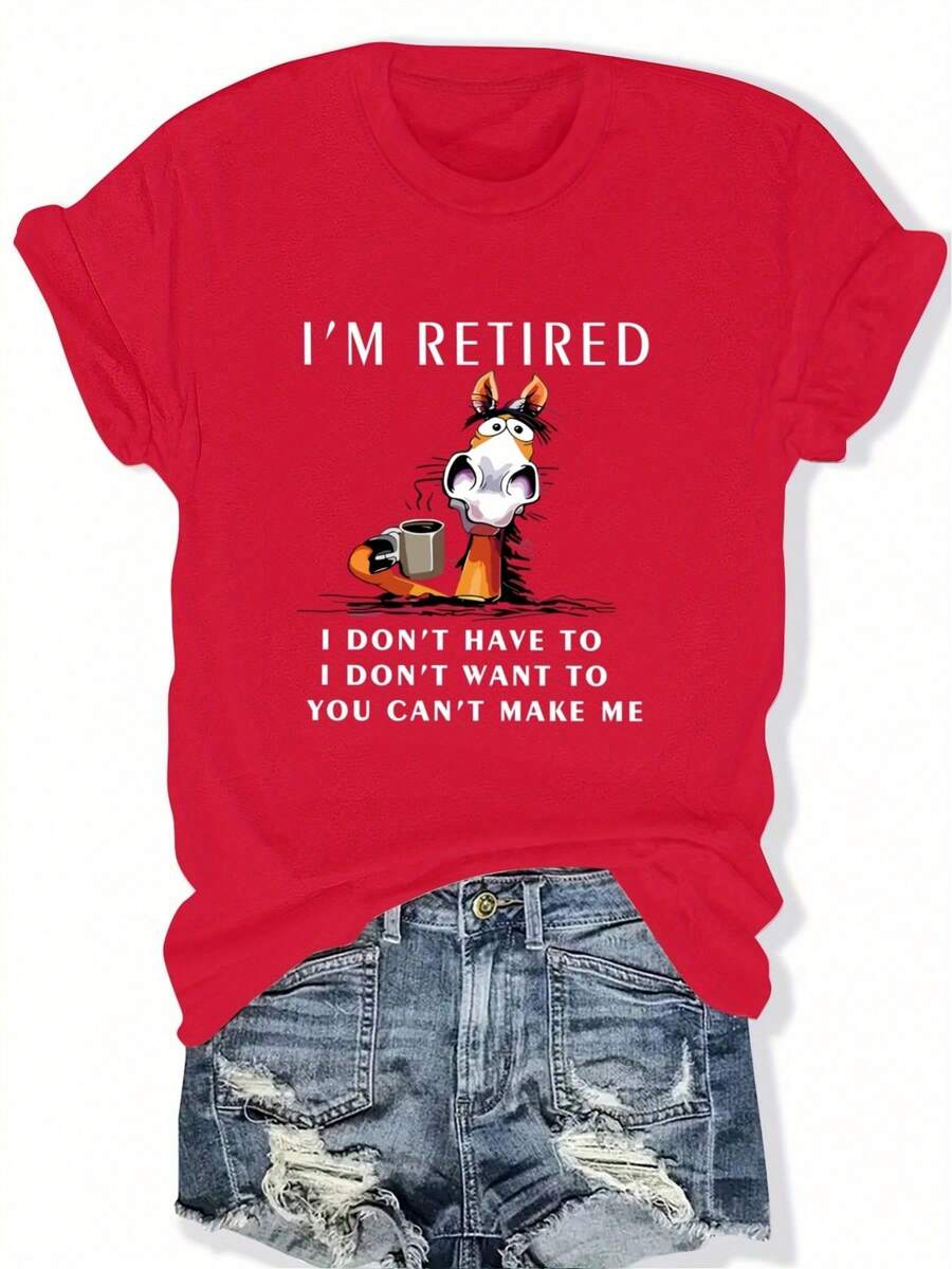 Talla Grande, Camiseta con Estampado de Letras, Manga Corta, Cuello Redondo, Top Casual, Ropa de Mujer - Rojo - Ver 1