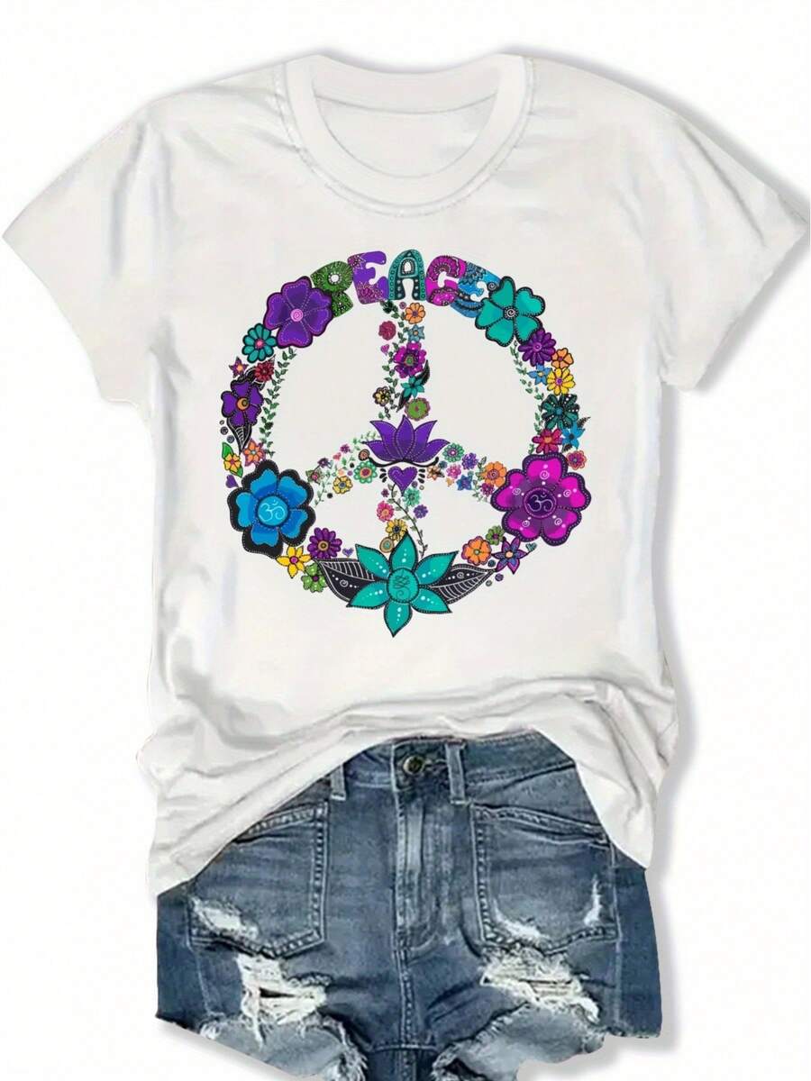 Women's Plus Size Black T-Shirt With Vibrant Floral Design And Peace Symbol - Casual Crew Neck, Short Sleeve, Summer And Spring Top, Casual Wear | Peace Symbol Top | Stretch Fabric - 白色 - 查看 1
