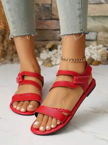 Women's Woven Strap Decorated Flat Sandals, Casual Hook And Loop Sandals - Red - View 6