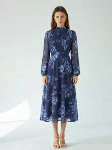 Vestido de manga larga con acento plisado en la cintura, de estampado de teñido anudado, elegante y versátil para uso diario, en azul y verde - Multicolor 5 - Ver 2