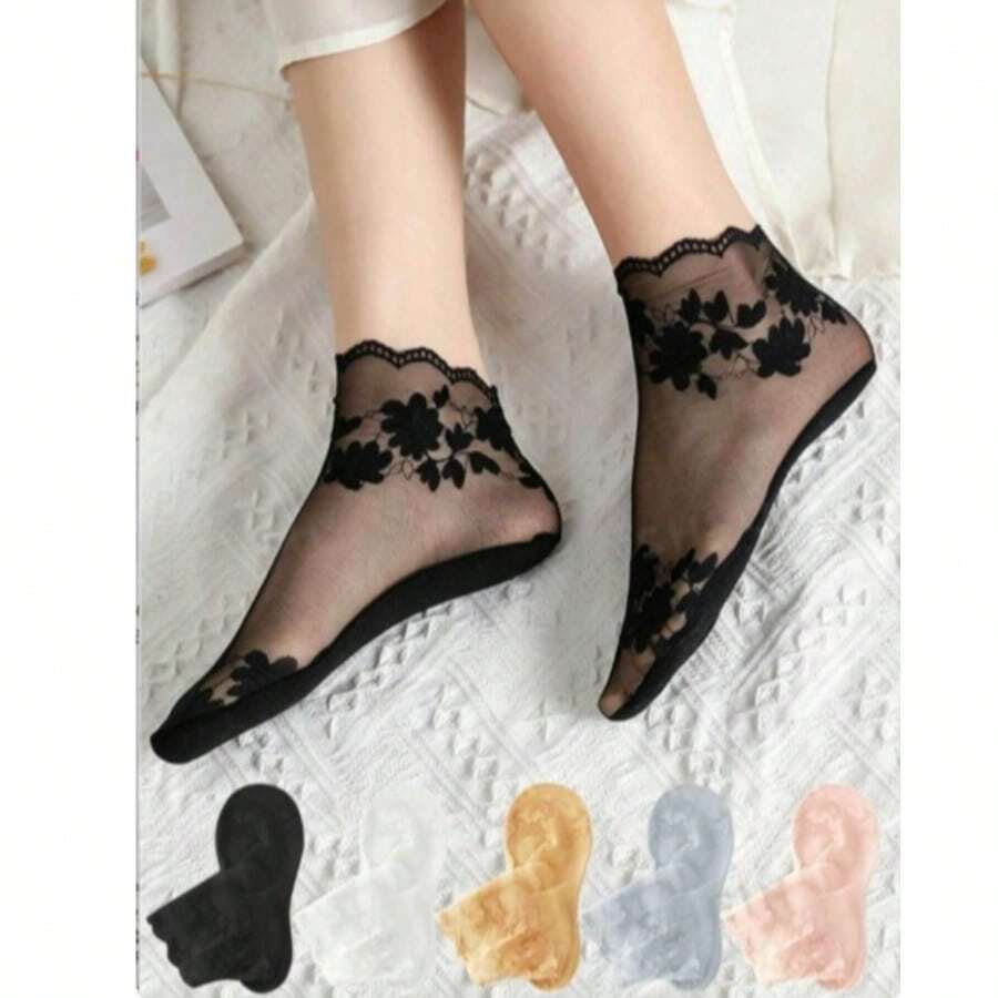 5 đôi tất nữ mùa hè thoáng khí, co giãn, mỏng, họa tiết lá cây, tất ren trong suốt. - Nhiều màu - Xem 1