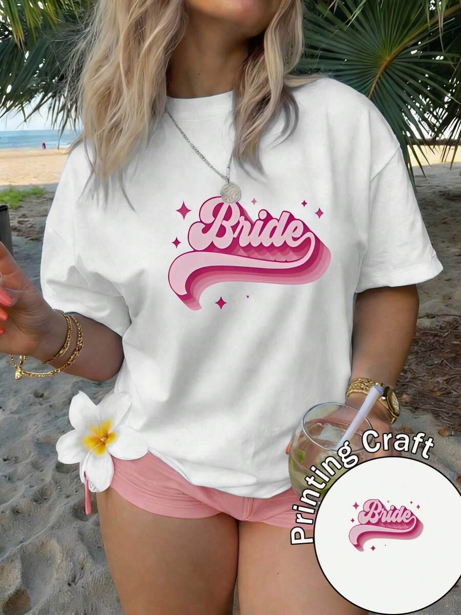 Camiseta de mujer manga corta 100% poliéster, cuello redondo, estampado 'Bride' en degradado rosa con estrellas brillantes, estilo casual, lavable a máquina, verano 2026, ideal para viajes y uso diario - Blanco - Ver 1