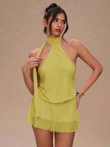 Vestido mini con estampado de lunares y espalda descubierta para mujer - Mostaza Amarilla - Ver 4