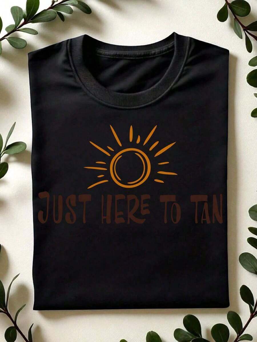 1 Piece "Just Here To Tan" T-Shirt, "Beach Vibes" T-Shirt, "Sunny Summer Vacation" T-Shirt, Short Sleeve Tanning T-Shirt, Summer Vacation Gift, T-Shirts For Tan Lovers. CL-658180g 100% Cotton - 黑色 - 查看 1