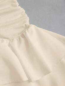 Vestido mini con escote en V, espalda descubierta y volantes, en un diseño de patchwork de punto y tejido, con cintura fruncida. Simple y elegante para vacaciones, uso diario casual, primavera/verano para mujer - Albaricoque - Ver 4