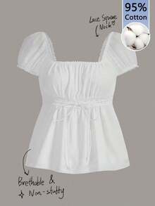 Conjunto de verano con blusa de cuello cuadrado, mangas abullonadas y lazo delantero - Multicolor 3 - Ver 2