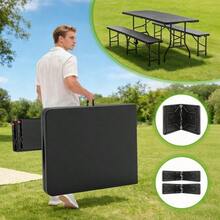 1.8m Folding Picnic Table With 2 Benches, 3 Piece Camping Set, HDPE Tabletop With Tree Print, Safety Lock, UV And Water Resistant, Black. - Black - View 6