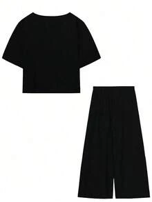 Conjunto De Top Y Pantalones Para Damas Con Cuello Redondo Y Mangas Murciélago - Negro - Ver 2