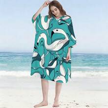 1件装流体线条素描抽象火烈鸟图案，白蓝配色，交织的动感线条在绿色背景上呈现简约艺术图案，速干印花冲浪连帽斗篷浴巾 - 成人涤纶连帽沙滩浴袍 - 连帽沙滩披肩 - 速干、高吸水性、轻便易携，是游泳和送礼的理想之选 - 柔软舒适的浴巾斗篷，多功能沙滩巾，沙滩必备，旅行配件 - C - 查看 6