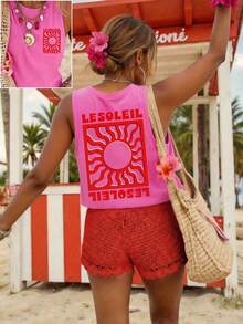 Áo tank top không tay in hình hoa hướng dương LESOLEIL, trang phục đi biển mùa hè cho nữ, áo vest cổ tròn. - trắng - Xem 1