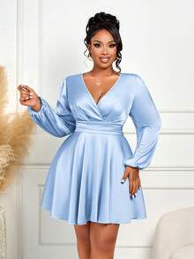 BIUBIU Gaun Pendek Model A-Line Elegan Ukuran Plus Warna Biru Muda Leher V Lengan Panjang Model Bishop dengan Detail Kerut di Bagian Dada - Biru - View 5