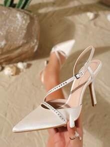 On feet& in love Giày cao gót nữ thời trang, thanh lịch, mũi kín bằng satin đính đá, quai liền thân, đa năng, phù hợp với váy dự tiệc. - Màu be - Xem 2