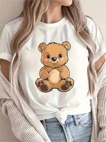 [New Arrival Recommendation] Women's Casual Yellow Bear Print T-Shirt, Holiday Clothes, Short Sleeve, Round Neck, Spring/Summer, Machine Washable, New Women's Clothing, Versatile For Going Out And Sports. - 白色 - 查看 6