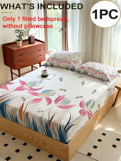 1pc Dandelion Print Fitted Sheet (Skirt Only, No Pillowcase), Soft & Breathable 100% Polyester Bed Cover, Fits Twin/Full/Queen/King Size Beds. Suitable For Bedroom, Guest Room, Dorm, Hotel Use Year-Round