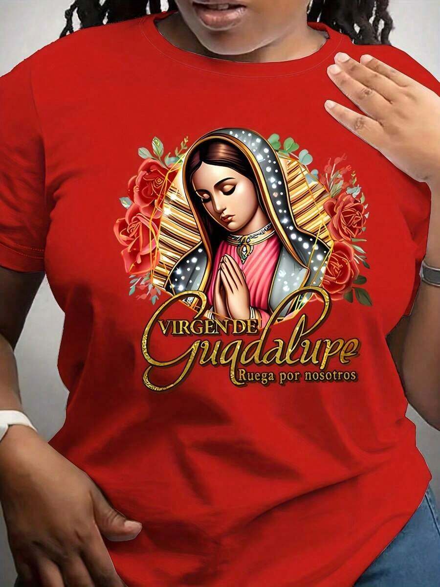Women's Clothing Short-Sleeved T-Shirt With Round Neck And Virgin Mary Of Guadalupe Print For Women Women's Shirts - 紅色 - 查看 1