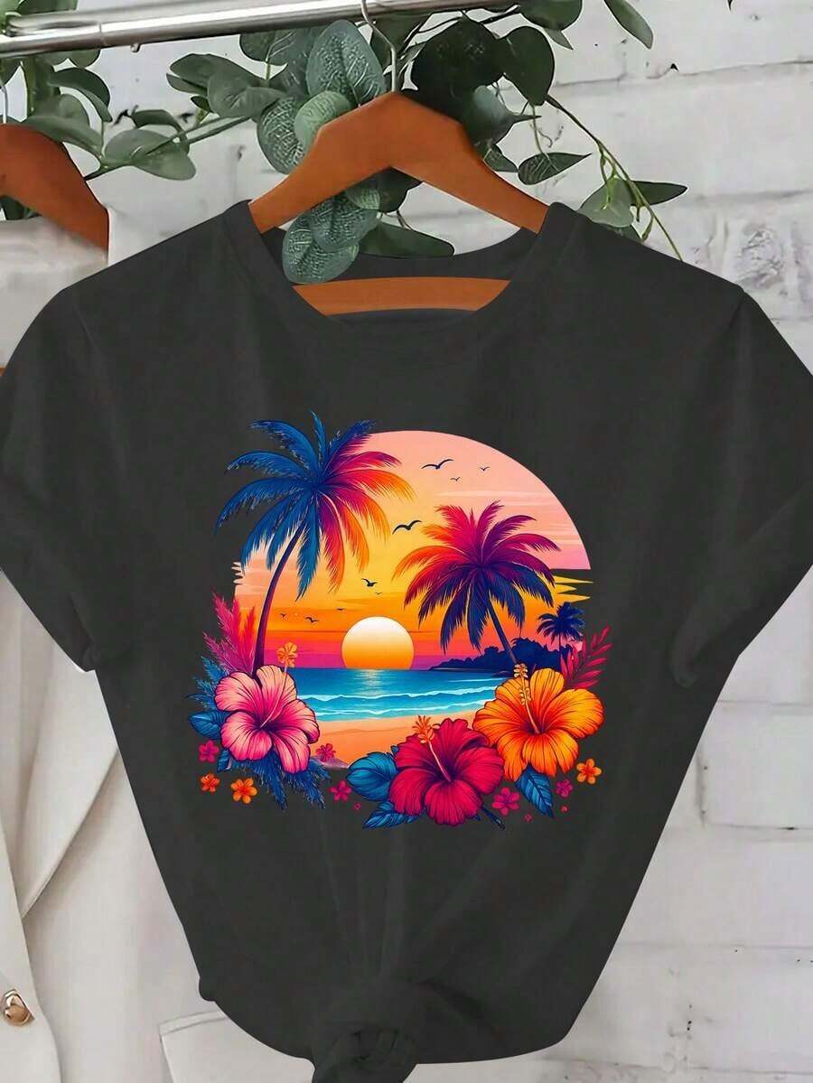 ModaModa1pcs Camiseta de talla grande para mujer con estampado tropical hawaiano - Corte ajustado, manga corta, cuello redondo, diseño vibrante de hibisco, palmera y atardecer en la playa - Ropa de playa transpirable para verano, ideal para fitness, vacaciones y uso casual - Lavable a máquina, color blanco TopcuteEstampadaEstampada - Negro - Ver 1