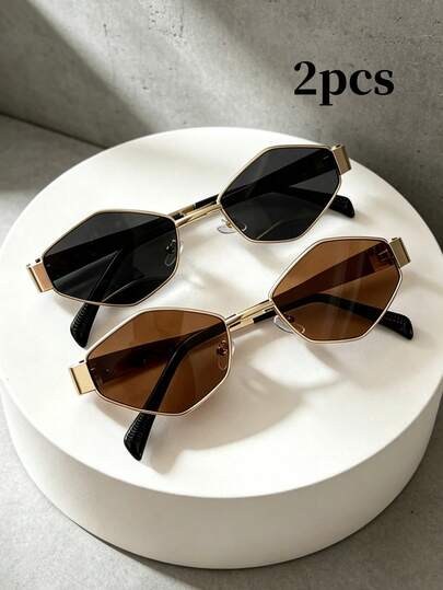Two Pairs Of Stylish Summer Glasses With Retro Polygonal Metal Frames Adorned With Diamonds. Suitable For Both Men And Women, Perfect For Street Style, Commuting To Work, And Everyday Wear.