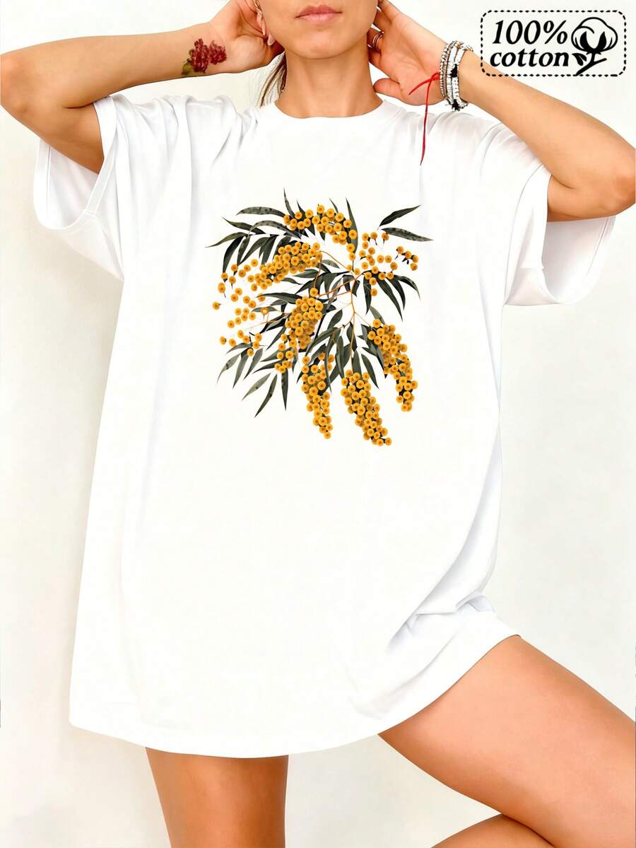 Camiseta de moda de mujeres Impresión frontal blanca con bayas dors y hojas verdes Diseño cómodo desgaste casual para uso diario alidas de verano
