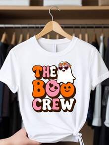 Camiseta de impresión de calabaza de la tulación linda y Boo - camiseta de cuello redondo de manga corta blanca rel con fas sonrientes y murciélagos, top suave y casual para tres de Halloween, regalos de Navidad, tre casual (lavable en máquina) - Blanco - Ver 2