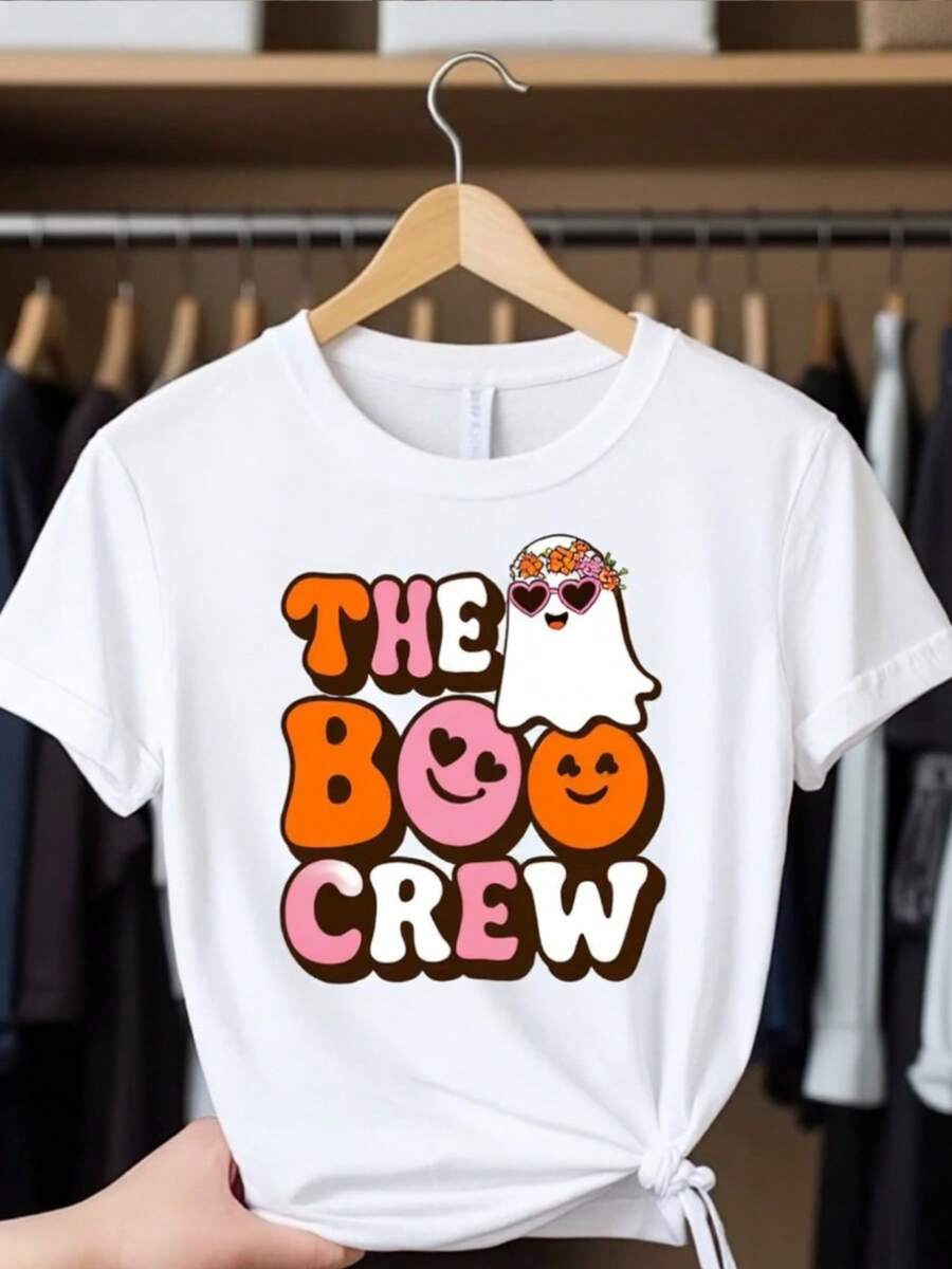 Camiseta de impresión de calabaza de la tulación linda y Boo - camiseta de cuello redondo de manga corta blanca rel con fas sonrientes y murciélagos, top suave y casual para tres de Halloween, regalos de Navidad, tre casual (lavable en máquina)