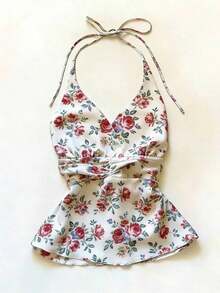 Blusa Elegante y Romántica  con Diseño Floral Retro y Decoración de Pedrería, Cuello Halter y Corte en A para Mujer - Multicolor - Ver 8