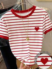 Camiseta casual de mujer de cuello redondo y manga corta con estampado de letras y rayas - Multicolor 14 - Ver 6