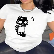 Women's Casual White Cotton T-Shirt with Unique Screaming Skull Graphic Print, Short Sleeve Round Neck Tee Top - Blanco - Ver 1
