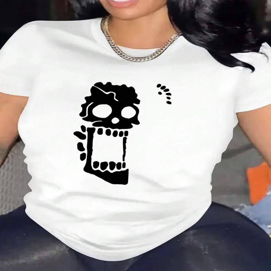 Women's Casual White Cotton T-Shirt with Unique Screaming Skull Graphic Print, Short Sleeve Round Neck Tee Top - Blanco - Ver 1