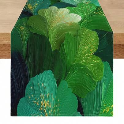 1pc Abstract Ginkgo Leaf Pattern Patchwork Green Blue Yellow Table Runner, Natural Fresh Style, Large Size, Home Decor, Suitable For Family Gatherings, Indoor/Outdoor Decoration, Entryway, Coffee Table, Living Room Ambiance, Kitchen Dining, Natural Holiday Gift