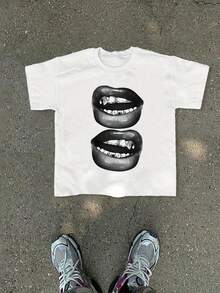 A Casual And Fashionable Men's T-Shirt With Lip Pattern Printed Knitted Top, Suitable For Holiday - White - View 7
