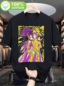 Camiseta de algodón negro con estampado de personajes de anime vibrantes - Diseño amarillo y púrpura, cuello redondo casual para hombres, perfecta para atuendos de verano, camiseta de ropa casual Camiseta gráfica de anime Tejido duradero Y2k Camiseta Camisa De - Blanco - Ver 6