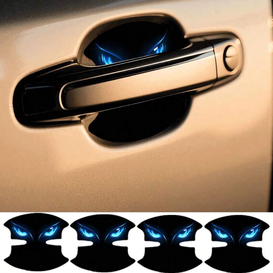 4 Packs Of Glow-In-The-Dark Blue Eye Pattern Door Handle Anti-Scratch Stickers, Car Door Handle Anti-Collision Protection Stickers, Essential Door Handle Protectors For Every Car. - Sticker - View 1