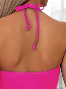 Conjunto de top de tankini con cuello halter y Bottom con estampado de palmeras, cordón y fruncido, para vacaciones y playa - Rosa Fucsia - Ver 4