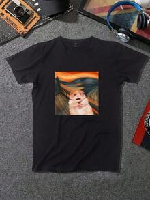 Soft And Comfortable Korean Style T-Shirt Casual Wear Manfinity Roghcode Men's T-Shirts Round Neck Short Sleeve Graphic T-Shirt With Funny Summer Animal Print 100% Breathable Cotton - 黑色 - 查看 6
