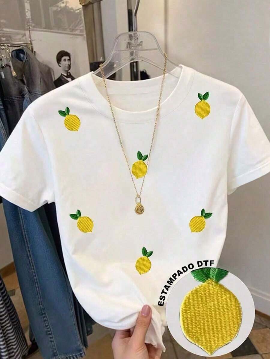 Playera con diseño de limas estilo bordado pero es estampado, frutas, casual, moderno, cuello redondo, manga corta, ideal para todos los días, llamativa, holgada, a la moda, ideal para tí. - Blanco - Ver 1
