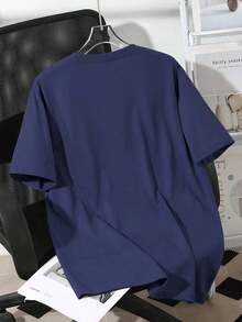 Camiseta casual versátil de mujer talla grande de cuello redondo y manga corta, de color liso - Azul marino 2 - Ver 2